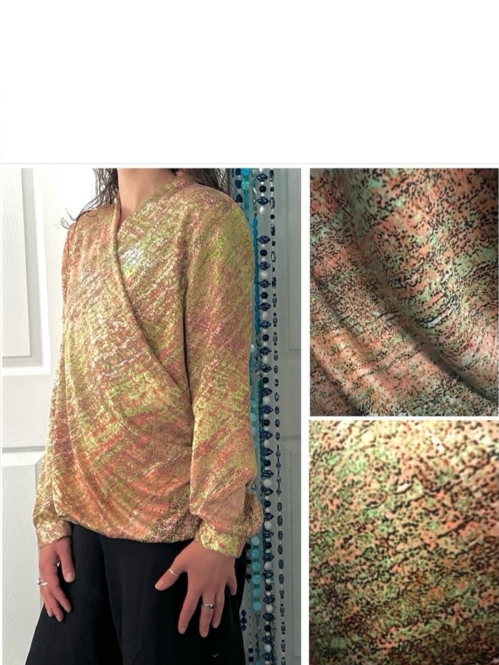 Vintage  faux-wrap blouse- artsy lime & pinks on black & white abstract print